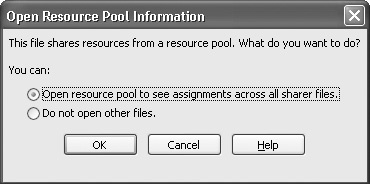 This dialog box appears when you open a project schedule file connected to a resource pool file.