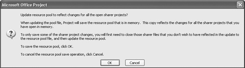 If you save your project without updating the resource pool, Project displays a dialog box offering to do it for you.