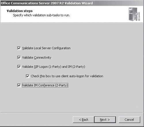 Selecting Standard Edition Server validation subtasks