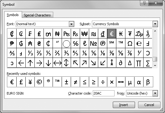 You can insert characters from the extended character sets of any installed font.