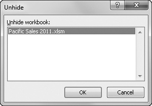 The Unhide dialog box lists all the workbooks you currently have hidden.