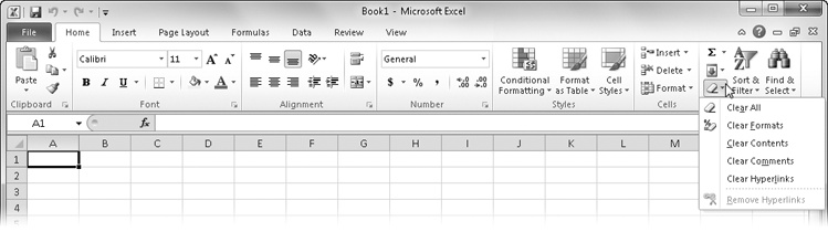 The commands on the Clear menu remove the corresponding attributes of selected cells without removing the cells.