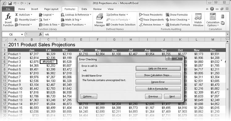 The Error Checking dialog box helps you figure out what’s wrong with formulas that display error values.