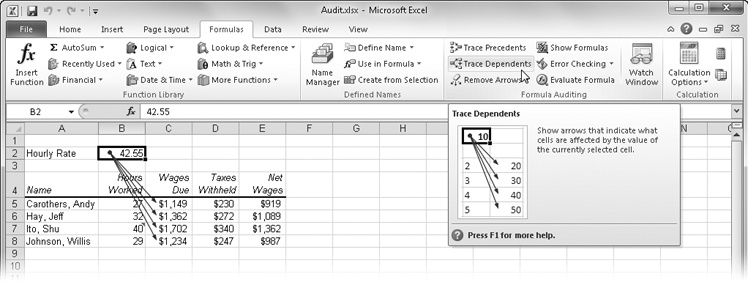 When you trace dependents, arrows point to formulas that directly refer to the selected cell.