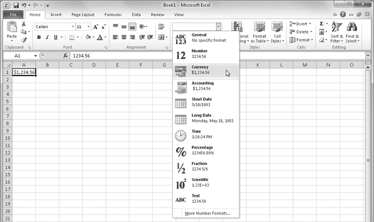 The contents of the selected cell are previewed below each command in the Number drop-down list.