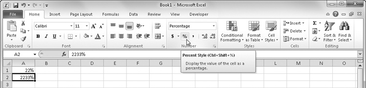 When using percentages, it makes a difference whether you format before or after typing values.