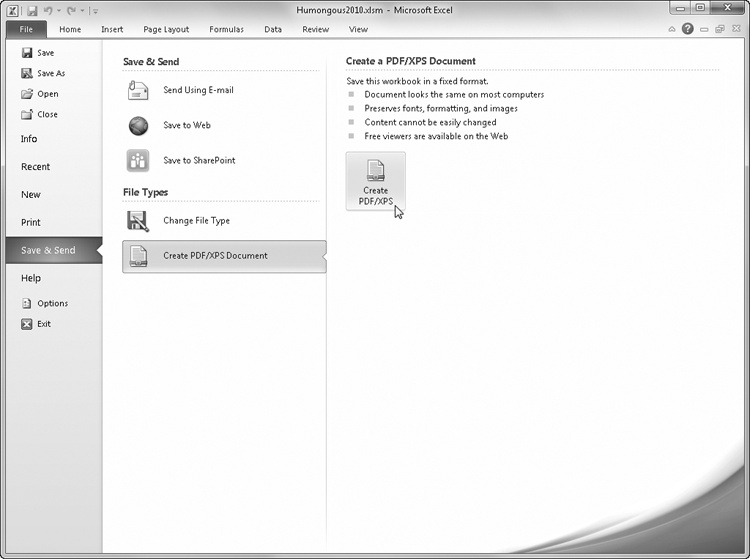 Use the Save & Send screen in Backstage view to create PDF or XPS documents.