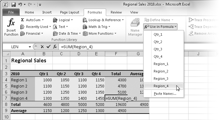 Click the Use In Formula button, and then select a name to enter it in the selected cell.