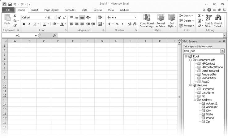 When you open an XML file using the XML Source task pane to map elements to table columns, no data appears until you drag XML elements from the task pane to the worksheet and then refresh.