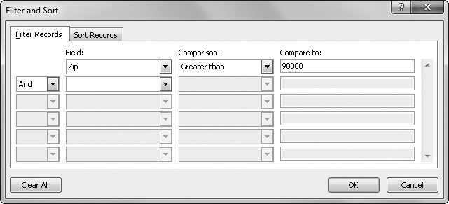 We’ve used the Filter And Sort dialog box to limit our list to ZIP codes that start with 9.