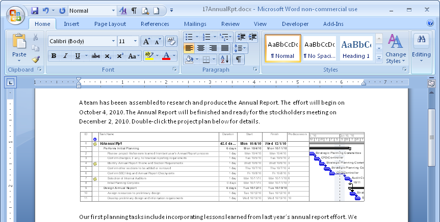 Paste information from Project 2010 into Word, and the outline levels, column headings, and formatting look just as they did in the project plan.