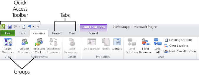 Use the ribbon to find and use Project 2010 commands and tools.