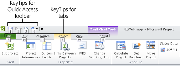 Press and release the Alt key to show the KeyTips on the ribbon and Quick Access Toolbar.