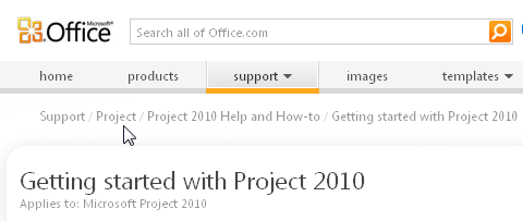 Click Project to see more resources for Project 2010 on Office.com.