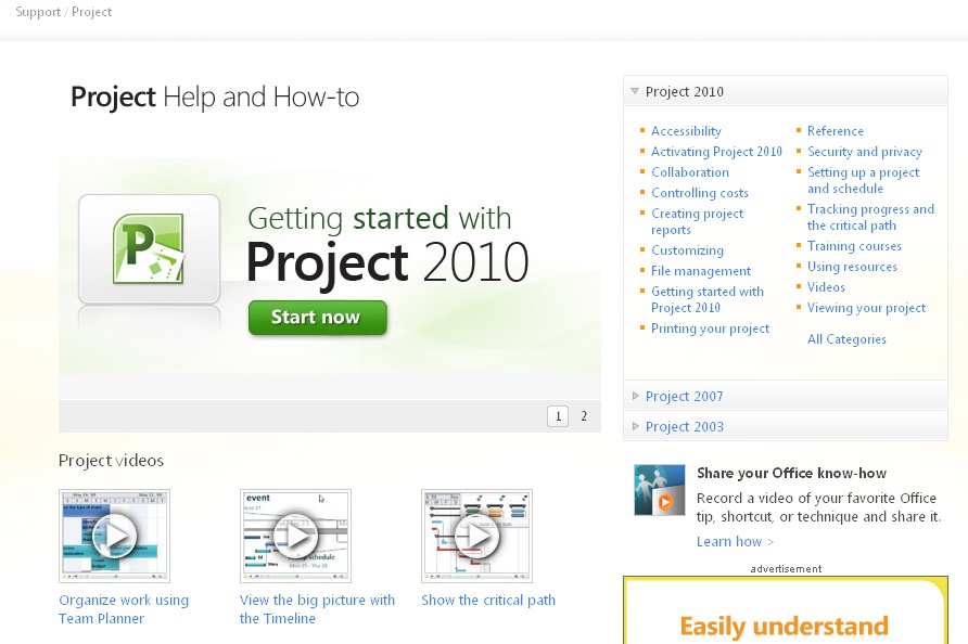 The Project page on Office.com includes a variety of online resources from which to learn more about Project 2010.