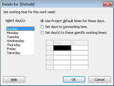 The work week Details dialog box shows the working days and times for the selected work week.