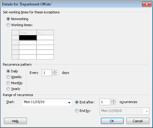 Use the Details dialog box to specify the details about the working times calendar exception.