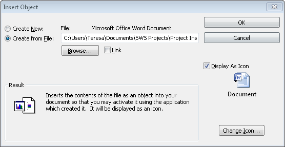 The selected document will be embedded in your project plan.