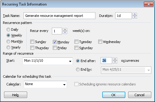 Specify the name and scheduling details of your recurring task.