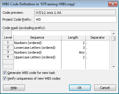 Define your organization’s WBS code format.