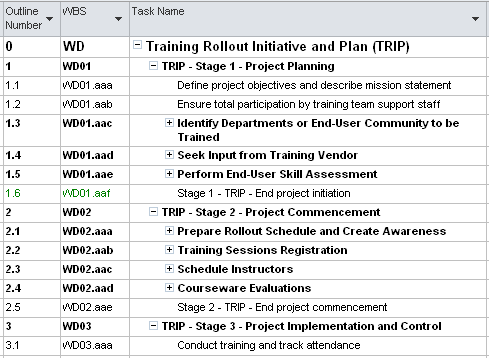 Your newly defined WBS codes replace the default WBS codes derived from the outline numbers.