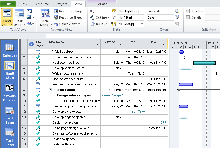 The View bar lists icons for about half the available Project 2010 views.