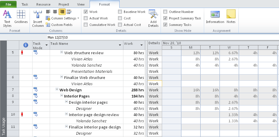 Display the Task Usage view to review assignments by task.