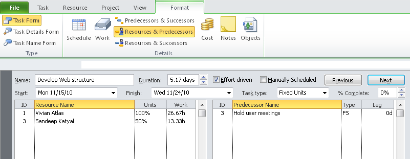 This Task Form shows fundamental information about the task, along with information about assigned resources and predecessor tasks.