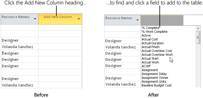 Click the Add New Column heading in any table to add a new field to the current table.