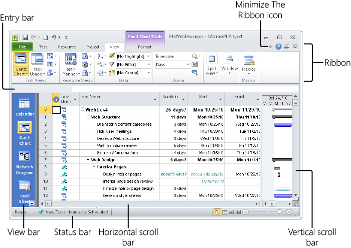 You can display or hide various screen elements on the Project 2010 window.