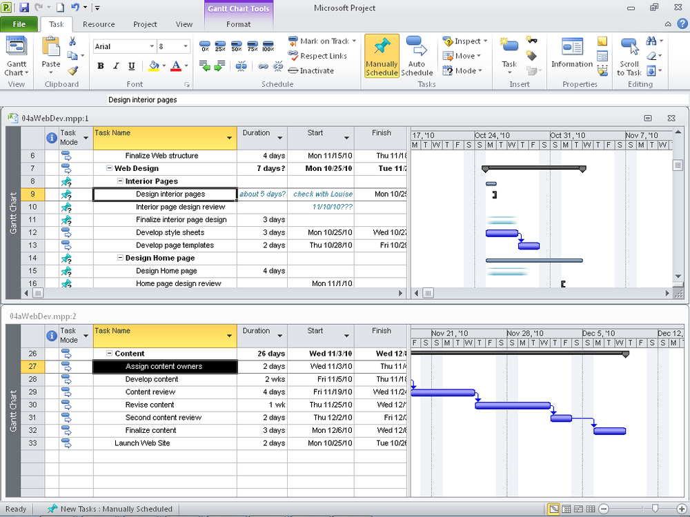 You can independently scroll or change views in the two tiled project windows.