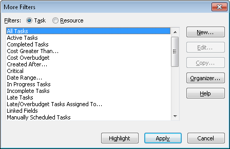 The More Filters dialog box lists all built-in filters.