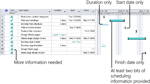 The Gantt Chart shows any manually scheduled information in the chart area.