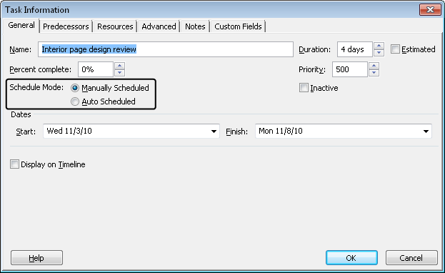 Use the Task Information dialog box to change various properties of a task.