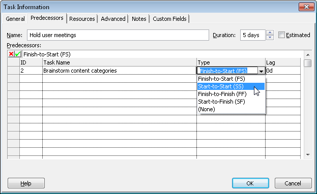 Use the Predecessors tab in the Task Information dialog box to set different types of task dependencies.