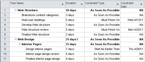 Apply the Constraint Dates table to review or change constraint types and dates.