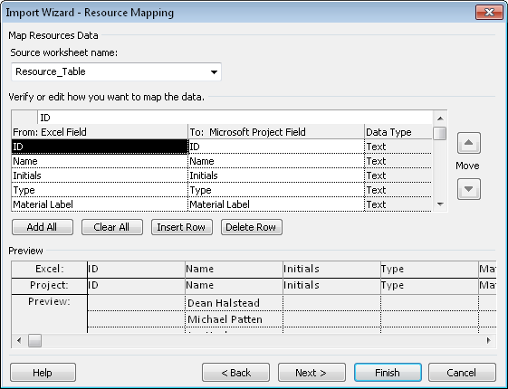 The Import Wizard Resource Mapping dialog box shows the field mapping and a preview of the content being imported from the Excel template into your project plan.