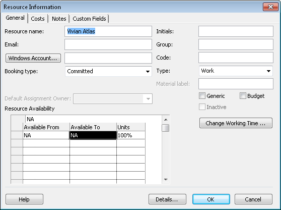 Use the Resource Information dialog box to view or enter details about a resource.