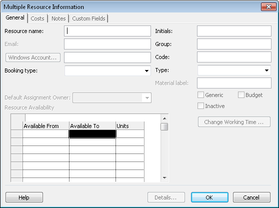 Use the Multiple Resource Information dialog box to make a global change to all selected resources.