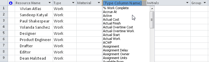 When you add a new column, the list of all available fields temporarily appears.