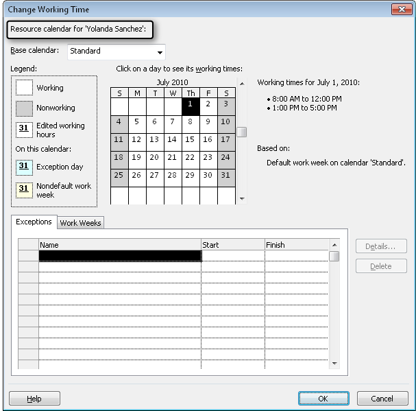 Use the Change Working Time dialog box to view or modify an individual resource’s working times. These are the days and times when work on assigned tasks can be scheduled for this resource.