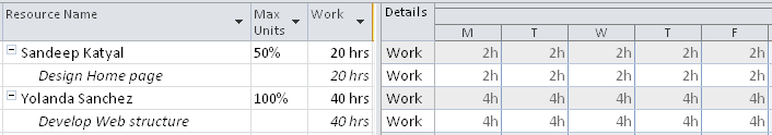 Given the same 20-hour-per-week resource calendar, a 100% max units resource works 4 hours per day, and a 50% max units resource works 2 hours per day.