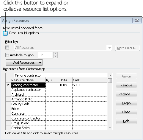 Click the - button next to Resource List Options to collapse the Assign Resources dialog box; click the + button next to Resource List Options to expand it.