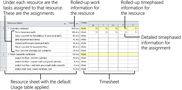 The Resource Usage view focuses on resource and assignment work.