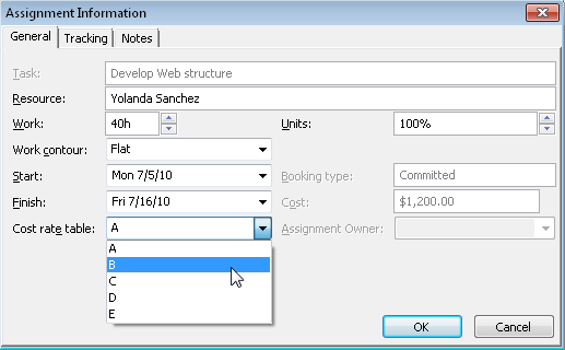 In the Assignment Information dialog box, select which cost rate table should be used for this assignment.