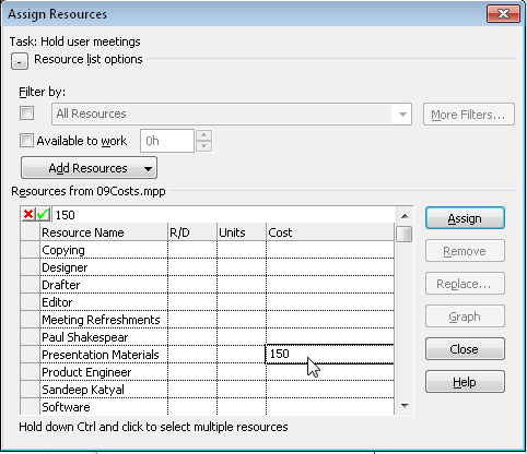 Enter the cost amount for this cost resource assigned to this particular task.