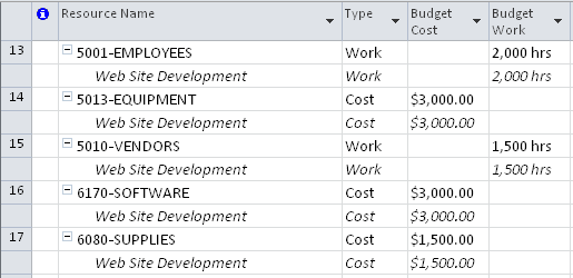 Enter the work, material, and cost values for each of your budget resources. These values represent the target budget against which you will compare project costs.