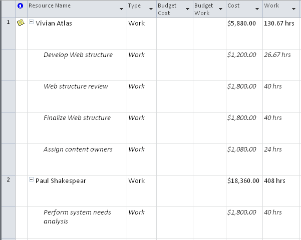 Show the columns necessary to compare your planned costs against your budgeted costs.