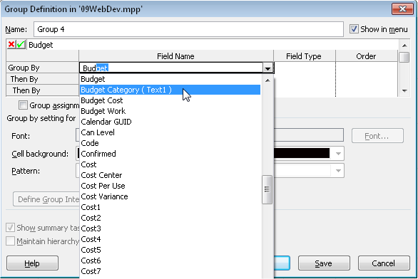 Use the Group Definition dialog box to select the name of the field you used to categorize your resources by their budget type.