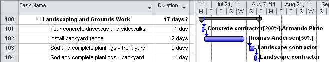 Assignment units other than 100% are shown next to the relevant Gantt bars.